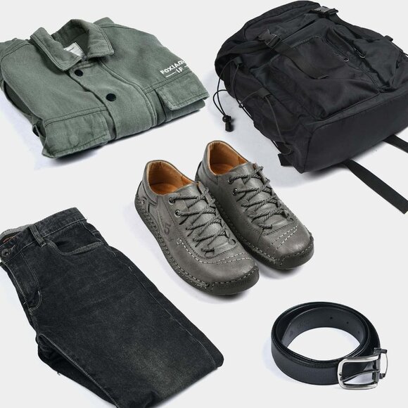 Alcubieree Men Grey Leather Casual Fashion Loafer Driving Rubber Sole Sneakers - Picture 8 of 8